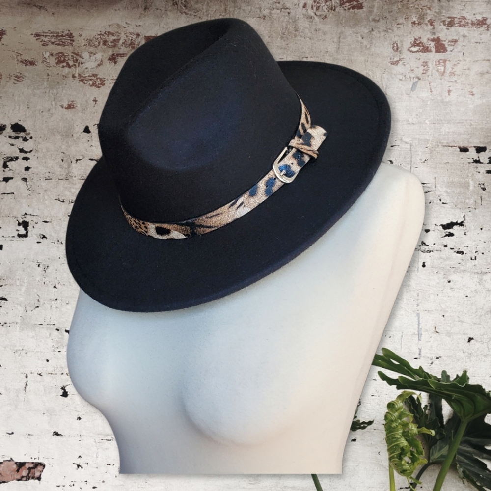 Black Leopard Belt Felt Fedora